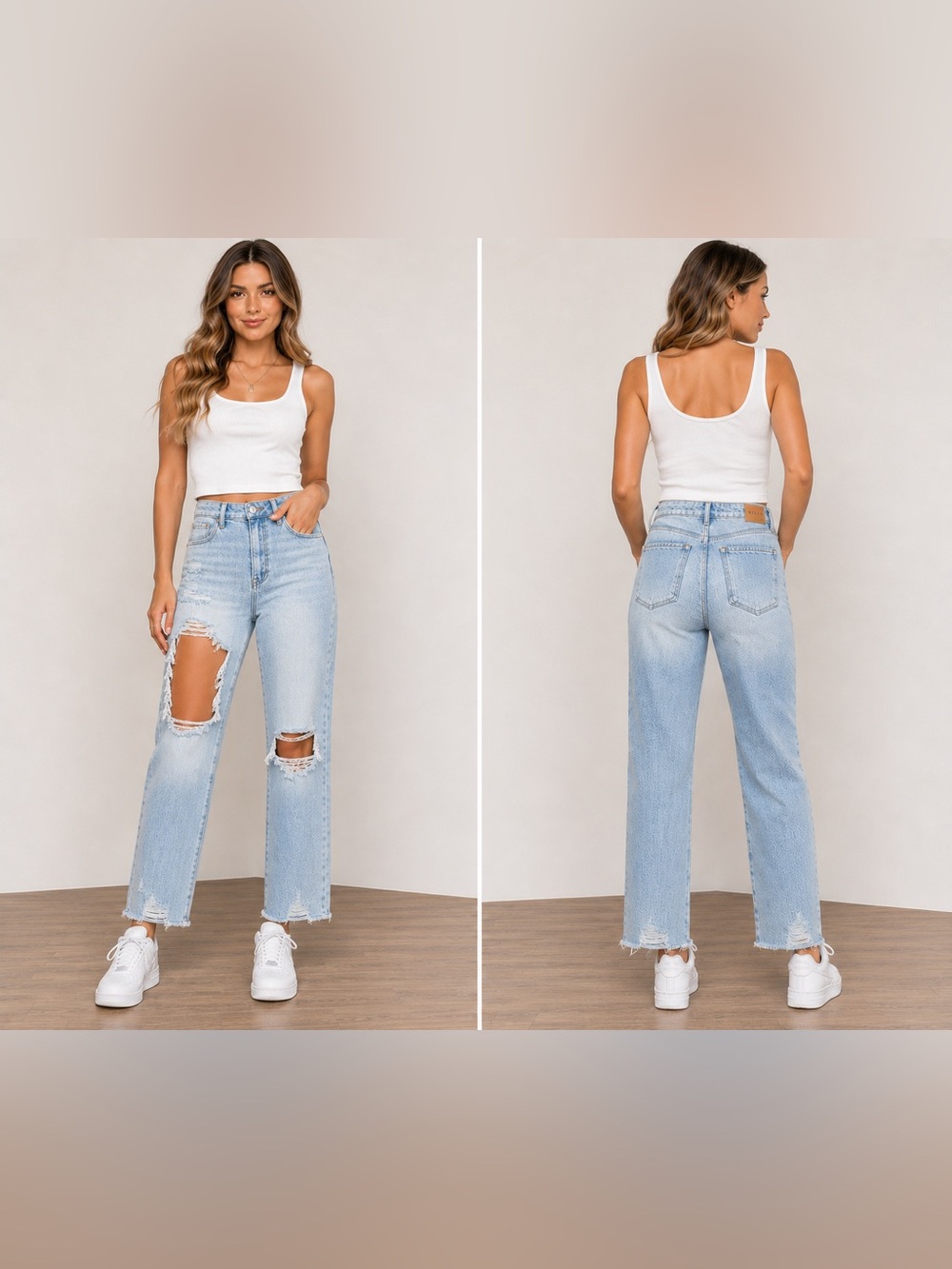 RISEN High Rise Distressed Straight Leg Jeans Size 5 Light Wash Raw Hem